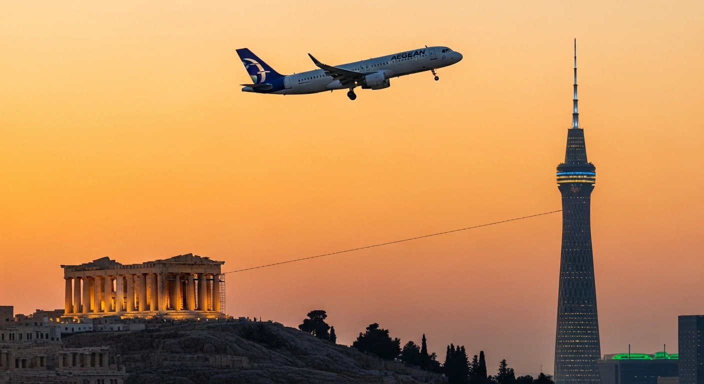An Aegean Airlines aircraft is depicted in flight during golden hour, with the Parthenon in Athens visible on one side and a modern Baghdad landmark on the other, symbolizing the new direct air link between Greece and Iraq.