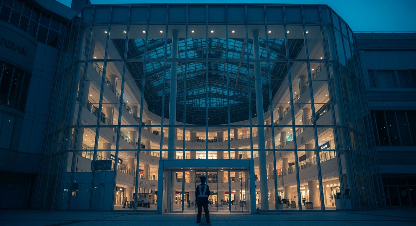 A modern Aeon shopping mall in Japan stands at twilight as the company conducts a comprehensive review of its disaster safety and evacuation protocols following a recent emergency incident.