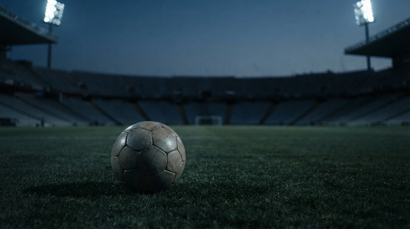 A lone soccer ball sits on the pitch of a large stadium following the disciplinary sanctions issued by FIFA to the Argentine Football Association.