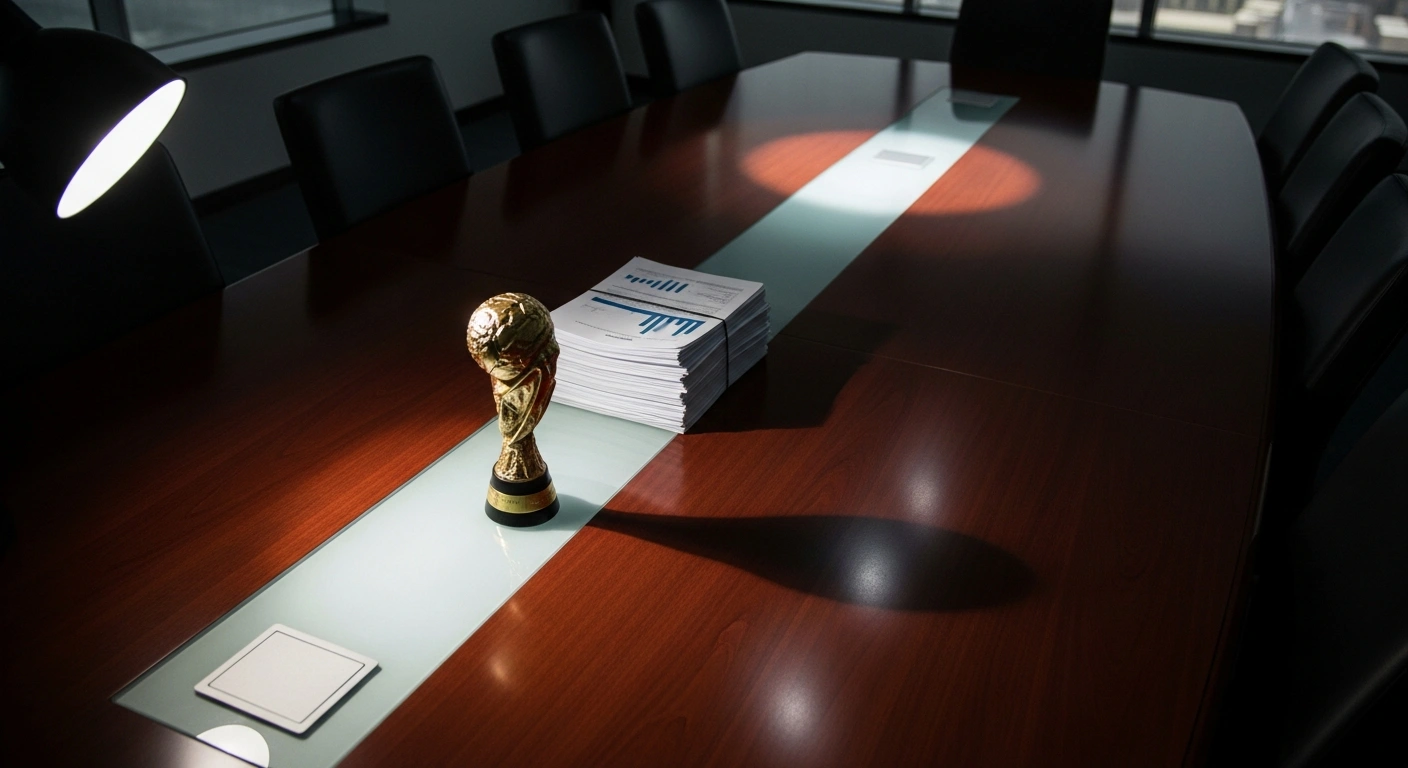 A high-angle shot of a polished boardroom table with a stack of financial documents and a small football trophy, illuminated by a harsh beam of light, symbolizing the U.S. investigation into the alleged $42 million fund diversion by the Argentine Football Association through shell companies in Florida.