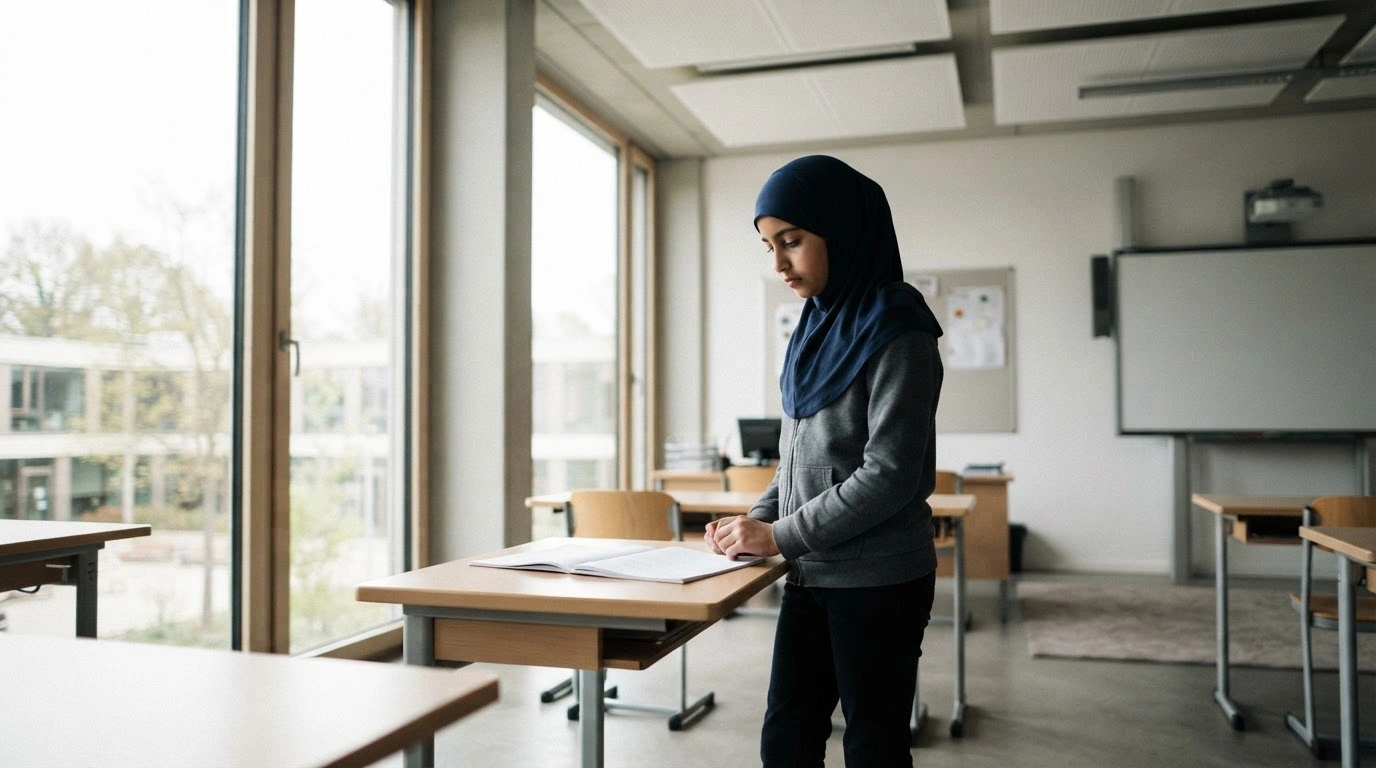A young girl stands in a modern German classroom as the AfD party proposes a ban on Muslim headscarves for minors in public schools.