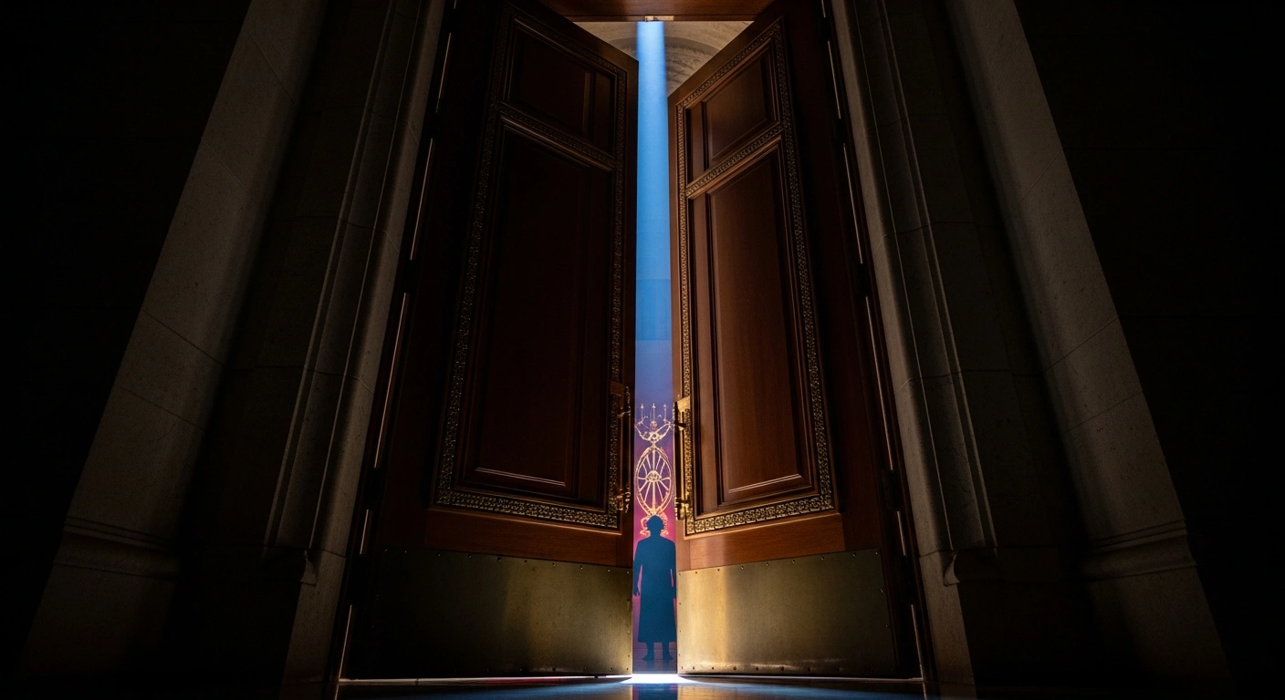 A grand, imposing set of double doors, representing the Munich Security Conference, stands partially ajar in a dimly lit hall, with a shadowy figure, symbolizing the AfD party, silhouetted against a red and gold glow just beyond the threshold, depicting the party's exclusion due to alleged contacts with Russia and China, as advocated by CSU leader Alexander Hoffmann.