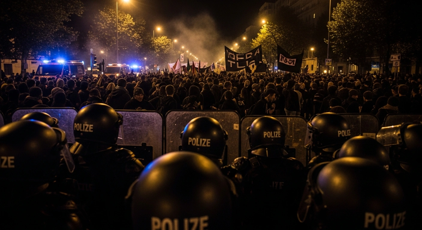 A wide-angle, low-light photograph shows a line of riot police facing a large crowd of protestors, with emergency vehicle lights flashing in the background, depicting clashes during the founding convention of the far-right AfD youth organization 'Generation Deutschland' in Giessen.