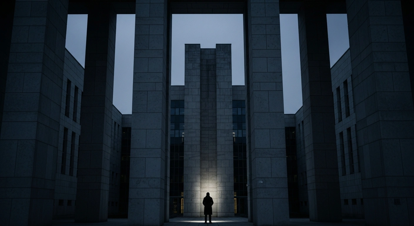 A somber, cinematic view of a German government building representing the political shift of the AfD party in Saxony-Anhalt.