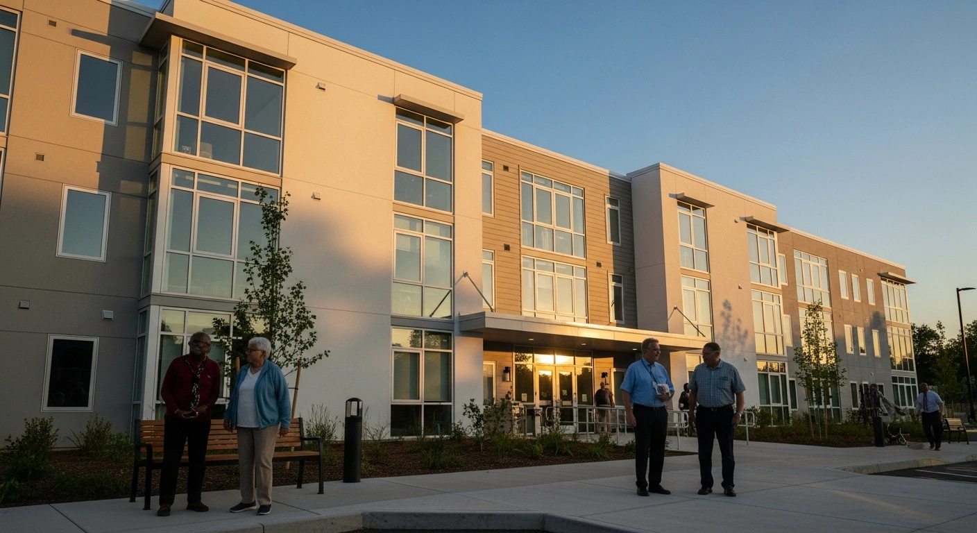 A modern, newly constructed affordable housing complex for seniors, illuminated by warm golden hour light, with a few seniors interacting near the accessible entrance, symbolizing the Caledonia 3 project in Dutton, Ontario, funded by federal and provincial governments.