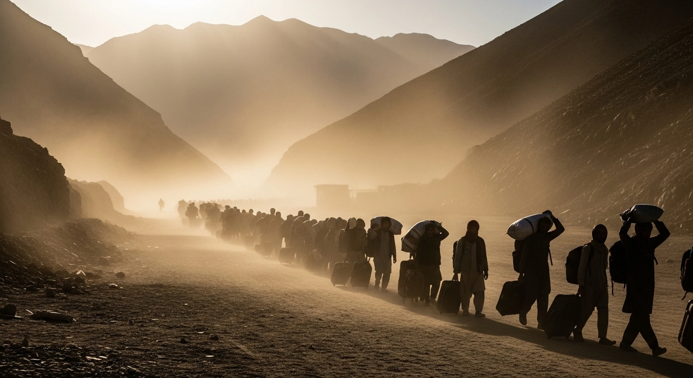 A large group of Afghan migrants walks through the dusty Torkham border crossing as they return to Afghanistan from neighboring countries.