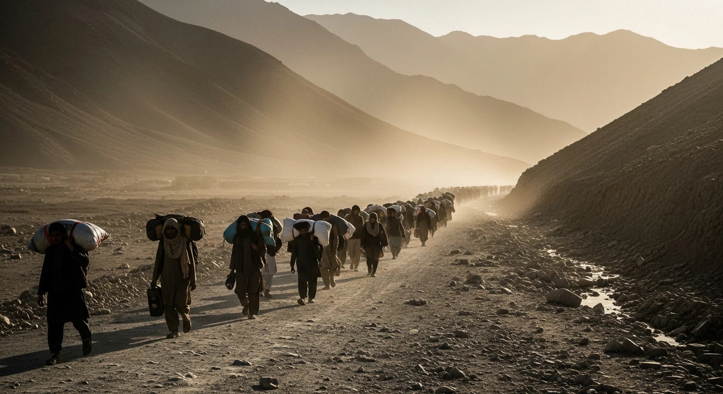 A large group of Afghan migrants walks across the Torkham border crossing to return to Afghanistan.