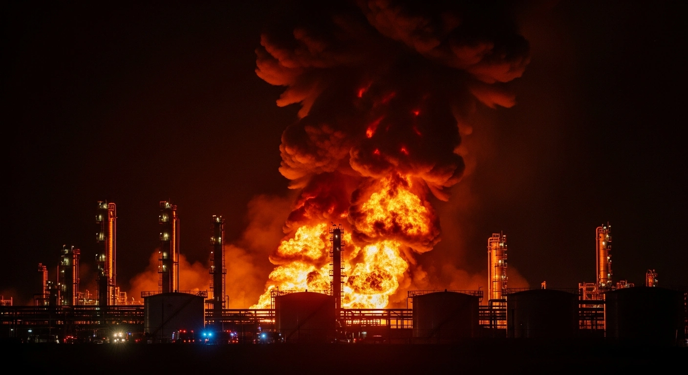 A massive fire engulfs technical equipment at the Afipsky oil refinery in Russia's Krasnodar region at night, following a Ukrainian drone attack.