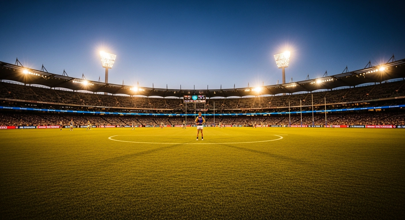 A wide view of a packed Australian rules football stadium under bright floodlights during a major AFL Gather Round match in South Australia.