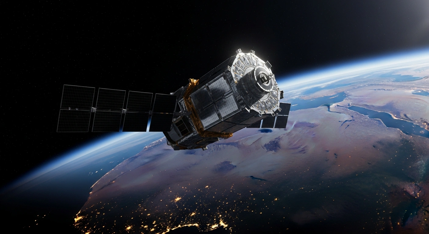 A modern satellite orbits above the African continent to represent the growth of the African space economy and the need for unified regulatory frameworks.