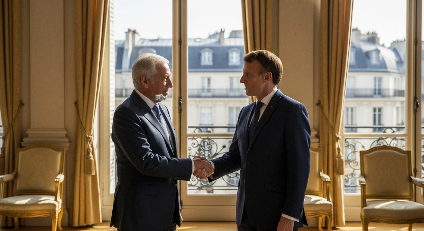His Highness the Aga Khan and French President Emmanuel Macron shake hands in a grand Parisian salon, symbolizing their meeting ahead of the 8th Paris Peace Forum where the Aga Khan Development Network pledged €10 million to the Endowment Fund for global governance initiatives.