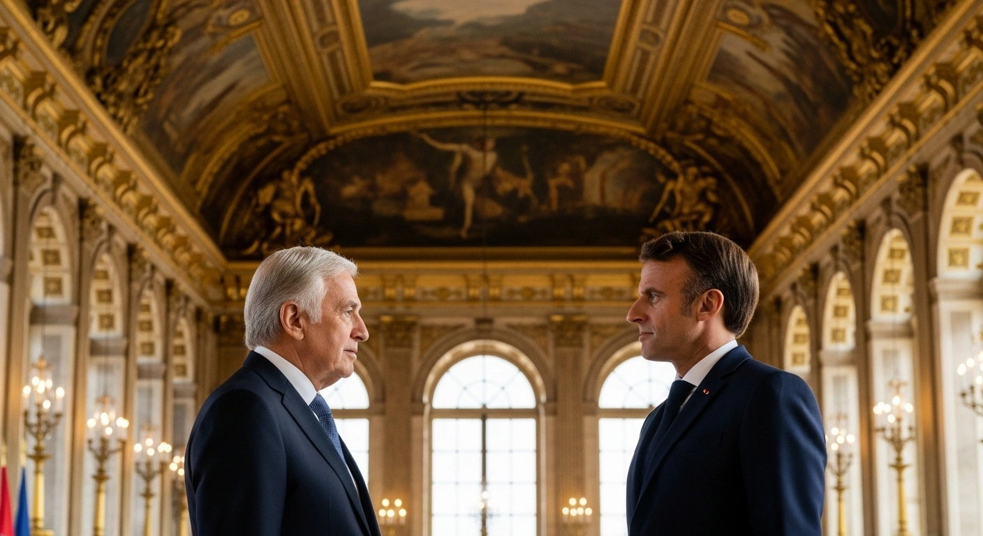 His Highness the Aga Khan and French President Emmanuel Macron are depicted in a grand Parisian hall, engaged in a diplomatic discussion, symbolizing their commitment to global peace and development initiatives ahead of the 8th Paris Peace Forum.