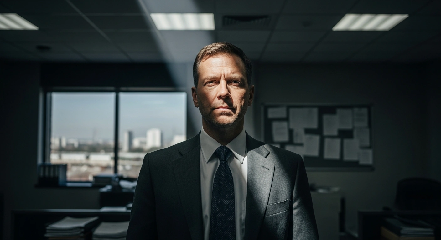 Bareilly City Magistrate Alankar Agnihotri stands resolutely in a dimly lit, austere office, symbolizing his resignation over disagreement with government policies and UGC regulations, which led to his suspension.