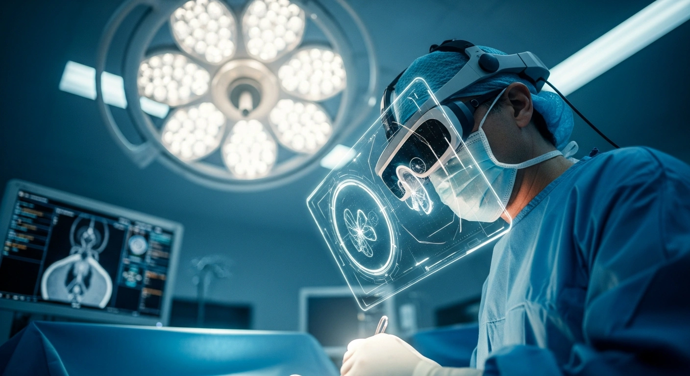 A neurosurgeon uses augmented reality and artificial intelligence technology to perform a complex brain operation at the Hospital in České Budějovice.