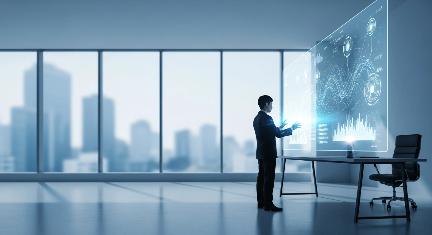 A professional figure interacts with a large, translucent holographic display showing interconnected light patterns, symbolizing AI-driven automation and efficiency in a modern office with a blurred cityscape background.