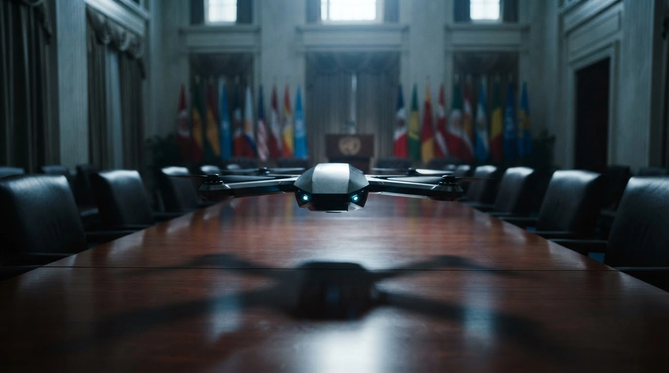 A metallic autonomous drone hovers above a conference table in a dimly lit United Nations chamber, representing the international debate over lethal autonomous weapons systems.