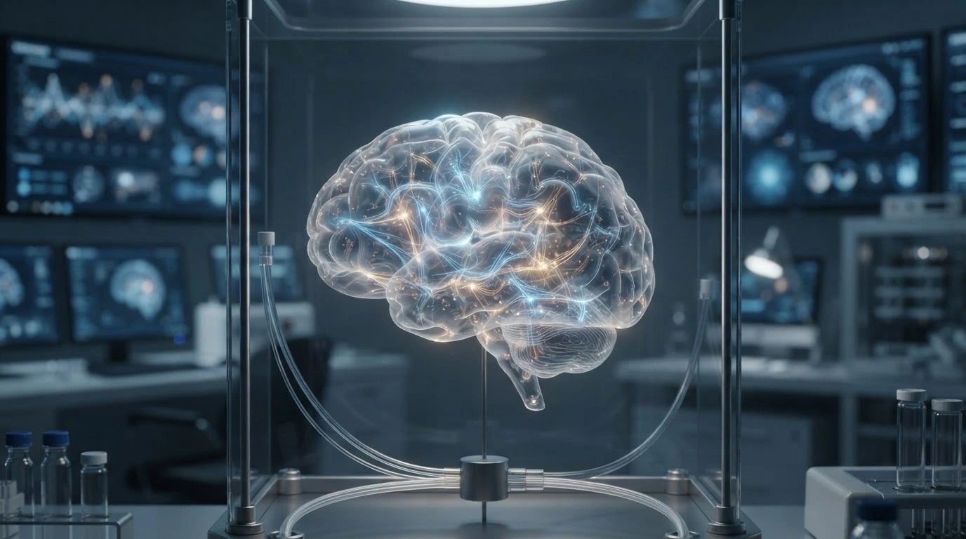 A glowing digital model of a human brain represents the AI technology developed by Shenzhen University researchers to identify early depression risks through brain imaging data.