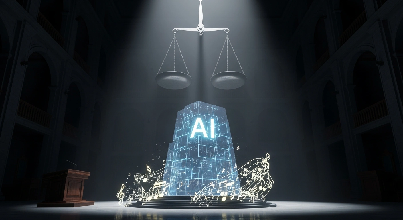 A dramatic, low-angle shot in a grand, futuristic chamber depicts a towering, glowing AI construct surrounded by ensnared musical notes, with a colossal, abstract scale of justice casting a definitive shadow over it, symbolizing the Munich court's ruling that OpenAI's ChatGPT infringed German copyright law by using protected song lyrics.