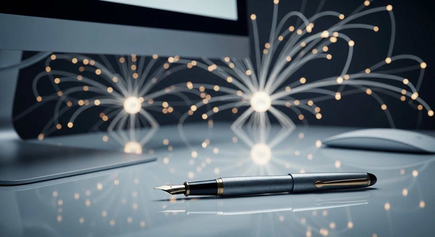 A fountain pen sits on a desk in front of a glowing digital neural network, symbolizing the debate over copyright protections for creators against artificial intelligence.