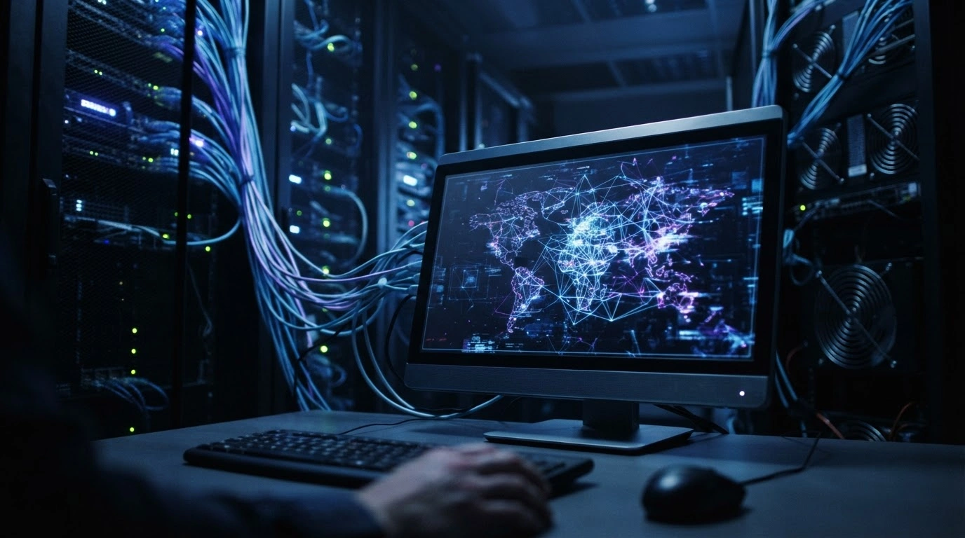 A conceptual representation of a cyberattack showing glowing digital network patterns on a server terminal, illustrating the exploitation of AI systems.