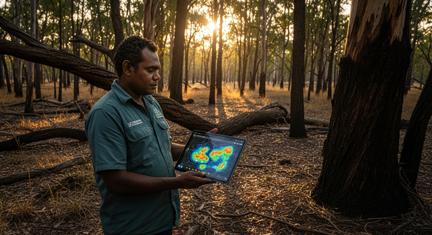 An Indigenous Australian land manager uses a tablet with artificial intelligence software to monitor forest fuel loads and manage fire risks in the Australian bush.