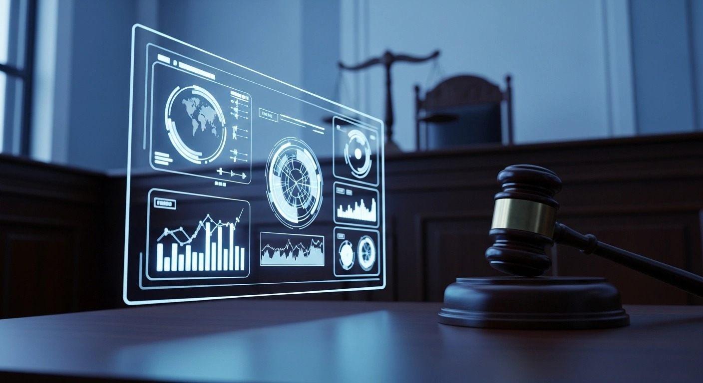 A digital interface displaying AI-generated data analysis sits in a courtroom, representing a new platform used to evaluate judicial rulings and legal transparency.