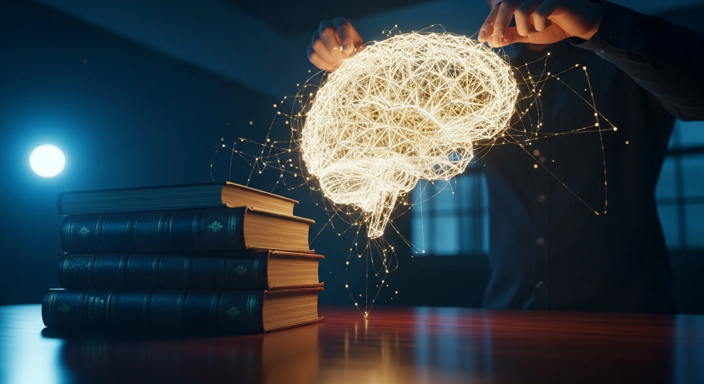 A symbolic representation of artificial intelligence training shows golden data streams weaving into a digital brain structure above a collection of books to represent the need for copyright protection and licensing.