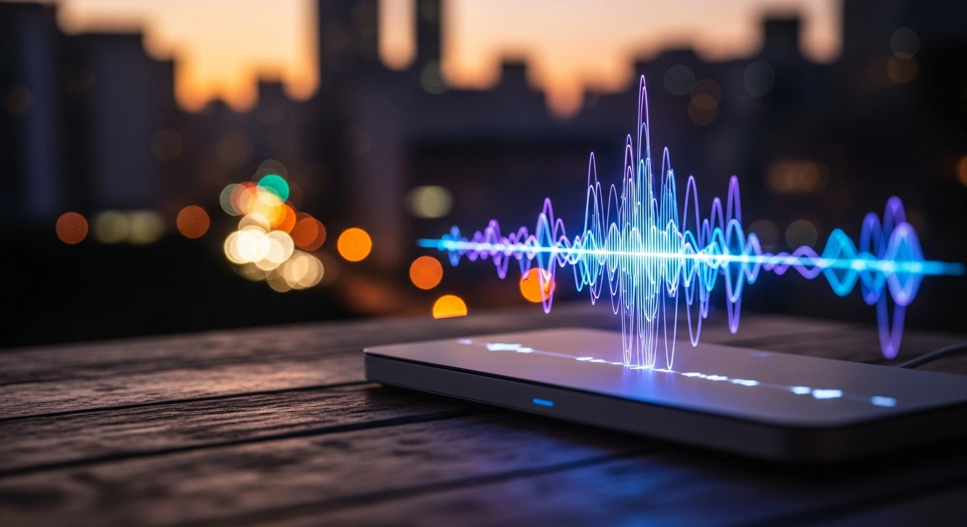 A mesmerizing, liquid digital soundwave, glowing with blue and purple light, emanates from a sleek AI device on an aged wooden table, with a blurred Brazilian cityscape at dusk in the background.