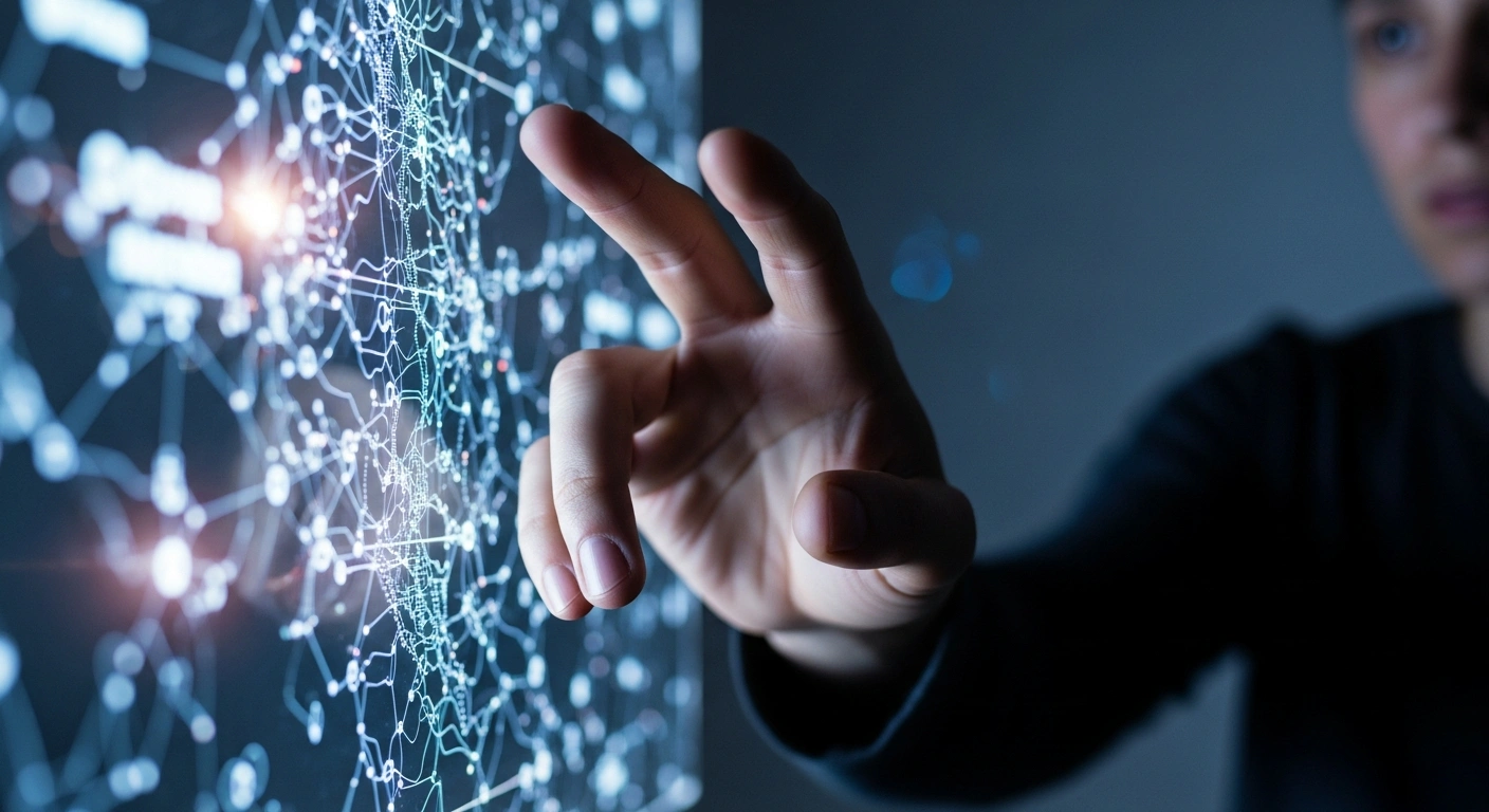 A human hand reaches towards a glowing, translucent digital interface displaying a complex network of interconnected nodes, symbolizing the challenge of regulating AI-generated news and protecting independent journalism.