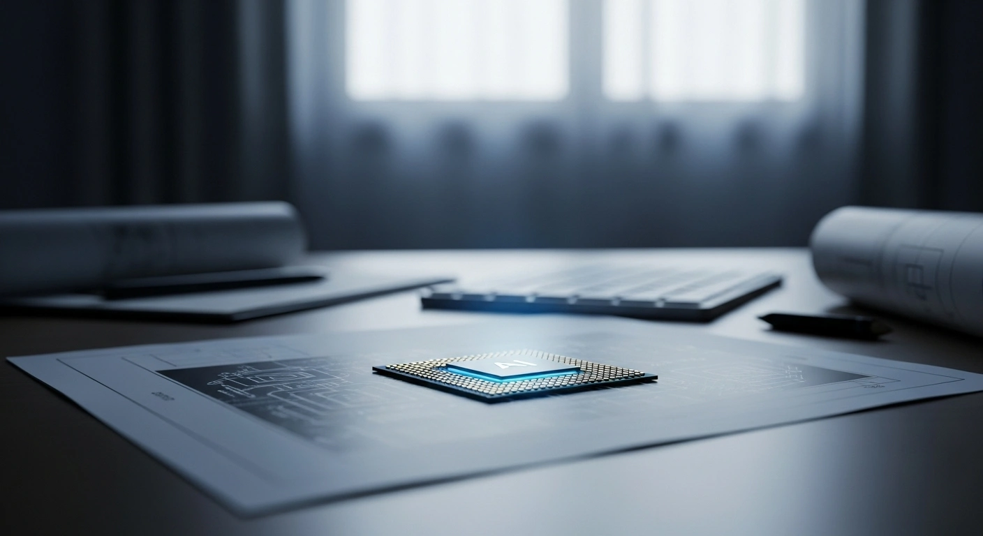 A somber, low-angle shot of an empty university office desk, illuminated by soft window light, featuring an advanced AI processor chip resting on a blueprint, symbolizing the groundbreaking work of renowned Chinese AI researcher Liu Haolin, who died at 37.