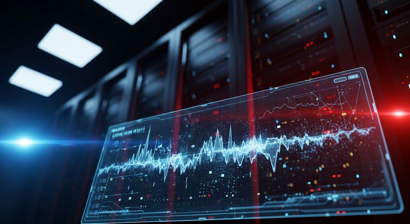 A dark, high-tech server room represents the digital security risks posed by state-affiliated actors exploiting large language models for cyberattacks.