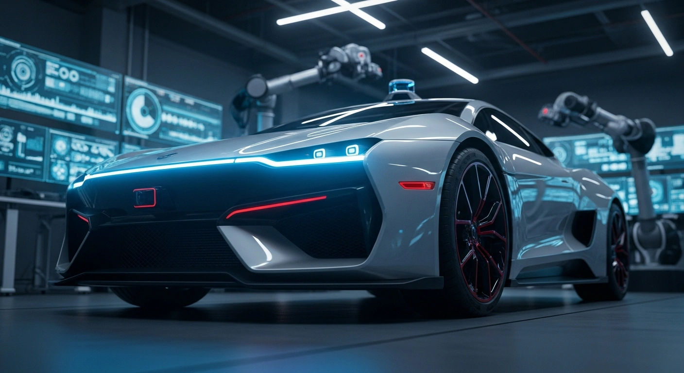 A sleek, futuristic autonomous vehicle, designed for dual-use applications in commercial automotive, police, first-responder, and defense sectors, is illuminated by blue-white and red lights in a high-tech research facility, representing Aidoptation's advanced AI-driven EdgeDrive technology after securing €20 million in funding.