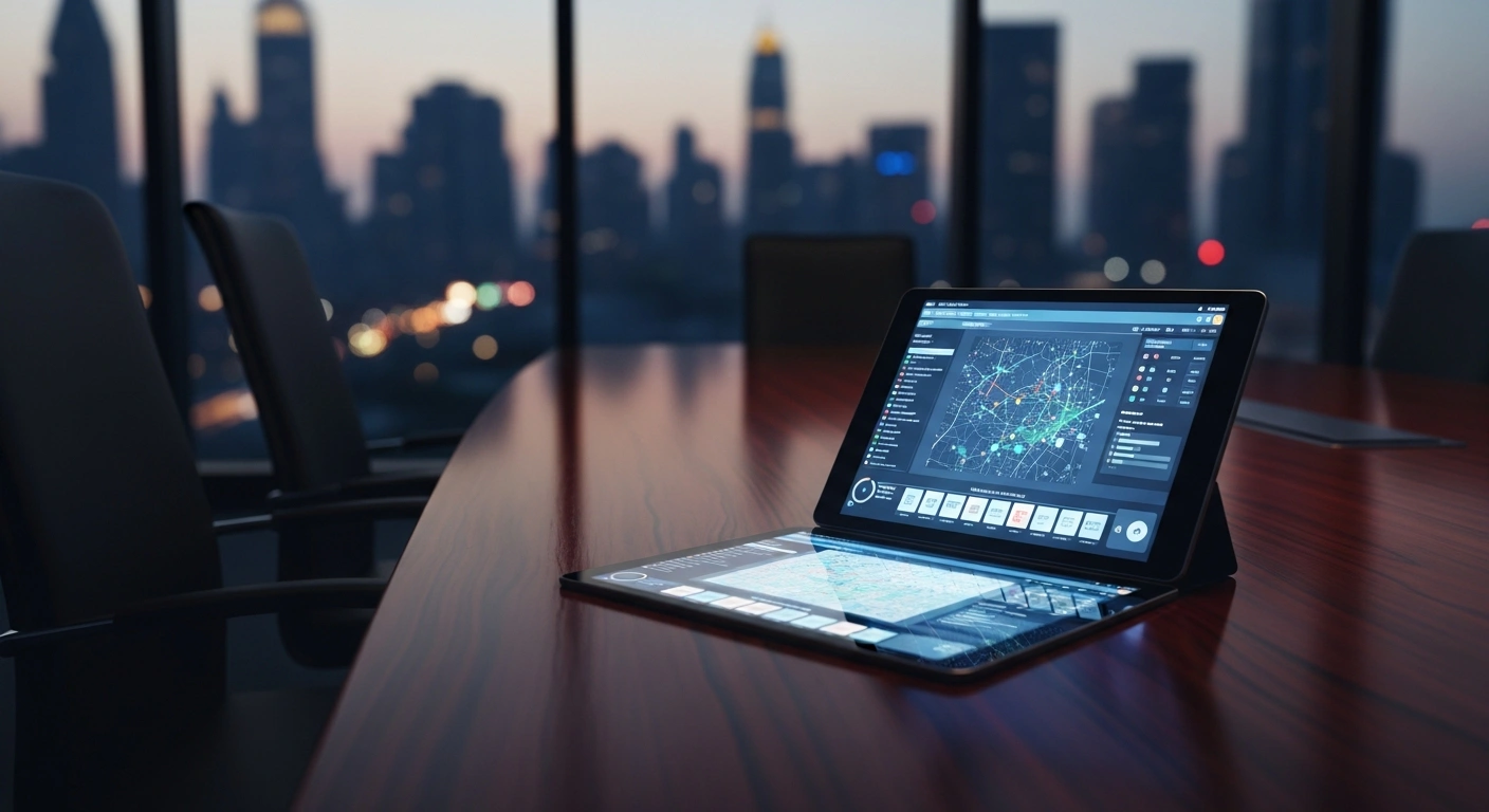 A digital tablet displays electoral data maps in a dark office, representing AIPAC's potential financial intervention in the Michigan U.S. Senate race.