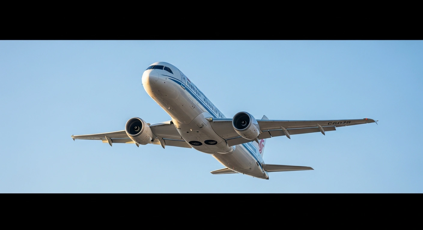 An Air China C919 narrow-body jetliner flies through the sky as part of its expanded commercial route operations.