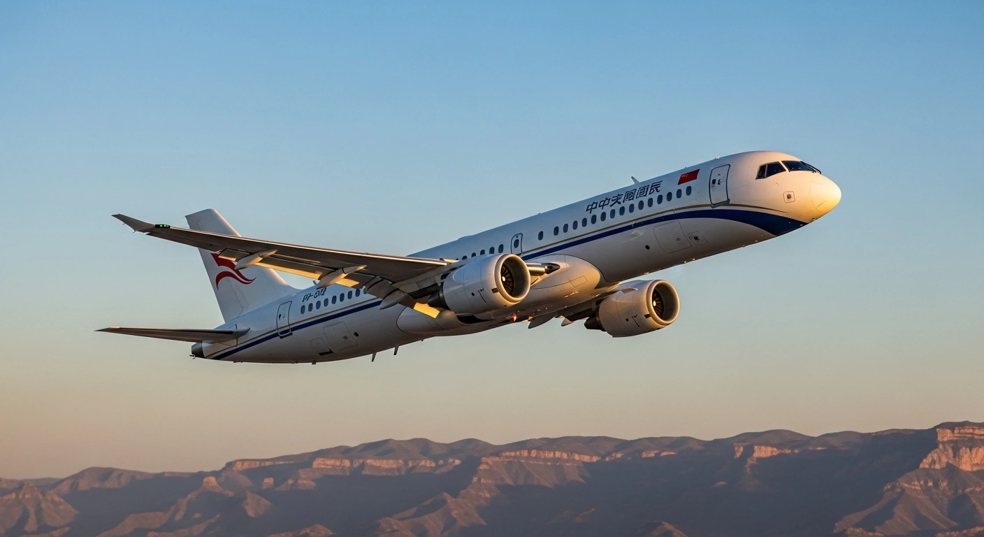 An Air China C919 jetliner flies over the historic landscape of Yan'an during the inauguration of a new flight route from Beijing.