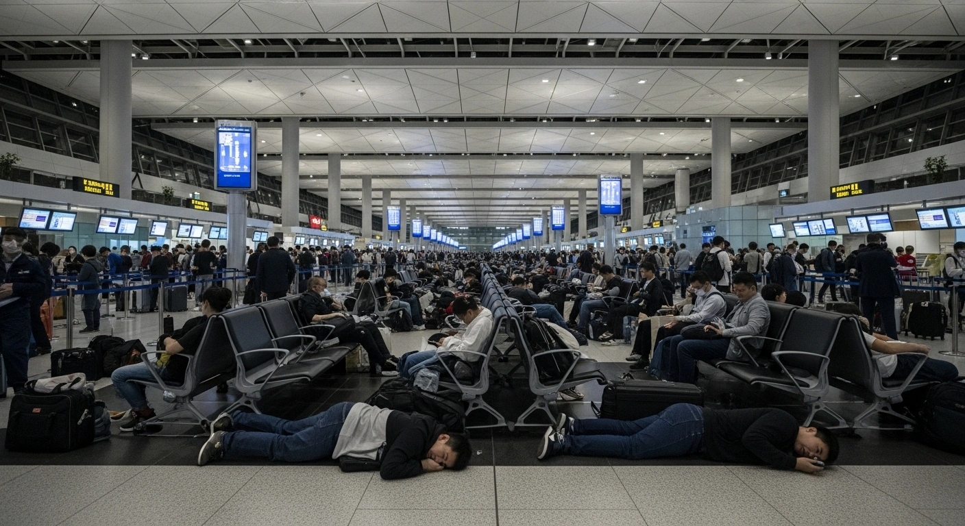 A wide, low-angle shot captures hundreds of exhausted passengers sprawled across the floor and queuing in a bustling airport terminal, depicting the widespread travel disruption caused by Air China's grounded and delayed flights.