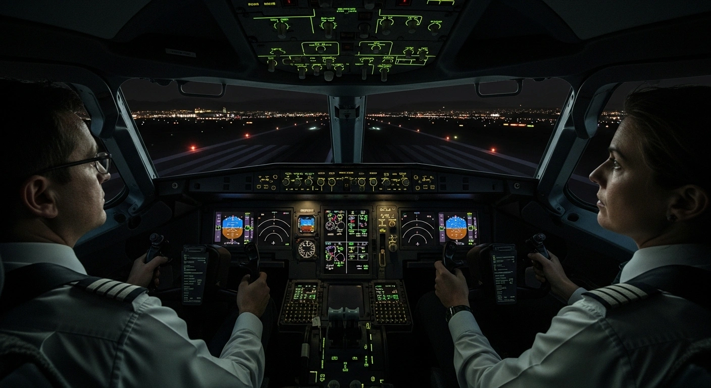 An Air Corsica A320neo cockpit view at night shows a pilot's hands on the controls, looking out at a completely dark Ajaccio Napoleon Bonaparte Airport runway, with distant city lights visible.