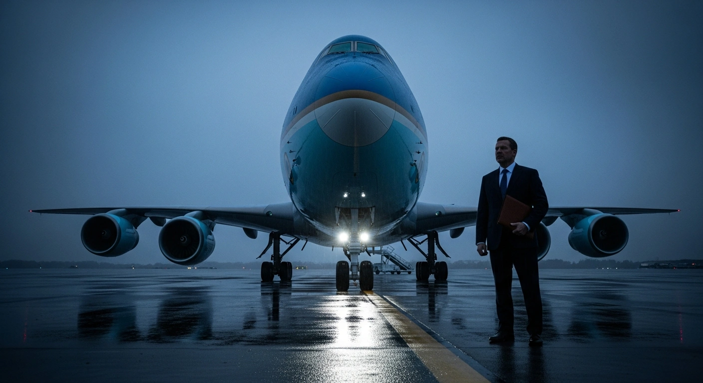 A dark, cinematic view of Air Force One on a tarmac at night as an official investigates security vulnerabilities regarding the presidential aircraft.