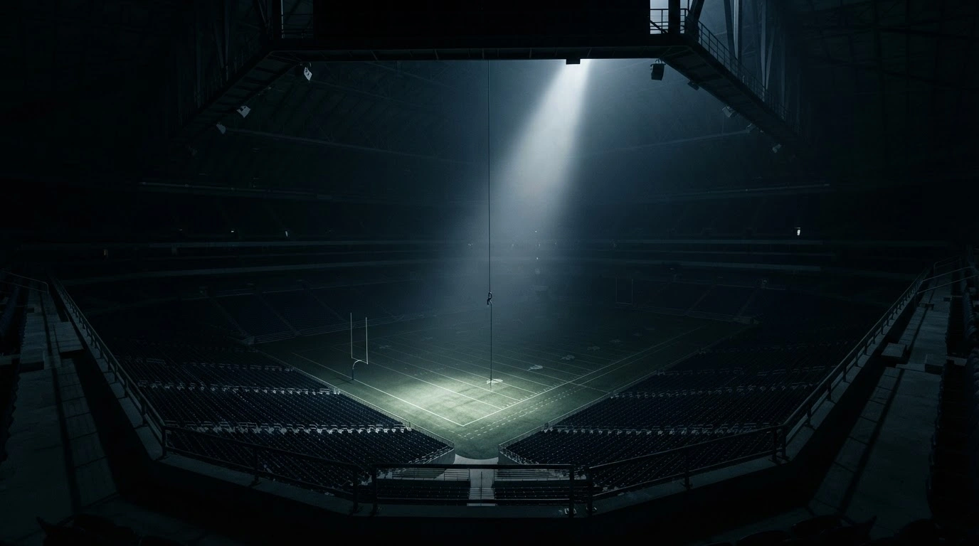 A solitary rappelling rope hangs in the center of the dark Alamodome stadium following a fatal accident during a U.S. Air Force demonstration.