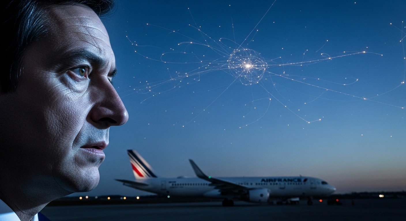 A dramatic low-angle shot features the stern profile of a French politician, illuminated by cool light, with an Air France jetliner on a tarmac and a faint web of glowing satellite trails in the twilight sky, symbolizing the criticism against Air France's choice of Starlink for inflight WiFi due to national sovereignty and data security concerns.
