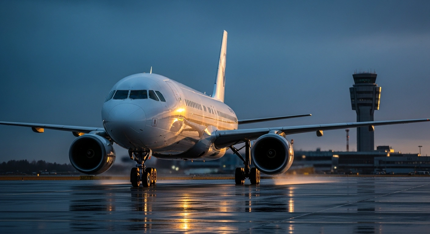 A modern Air India jetliner sits on a wet runway during sunset, representing the leadership transition and restructuring of the airline.