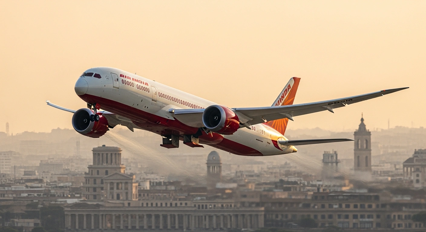 A sleek Air India Boeing 787-8 Dreamliner is depicted in a low-angle shot, taking off at dawn with its fuselage gleaming, symbolizing the airline's resumption of non-stop flights between Delhi and Rome (Fiumicino) starting March 25, 2026, after a nearly six-year suspension.