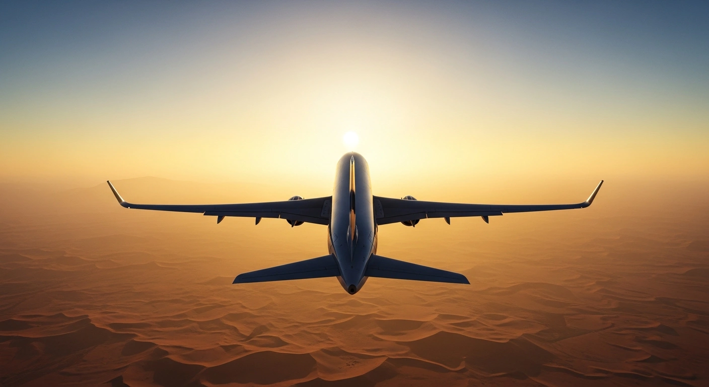 An Air India commercial airliner flies over a desert landscape to maintain connectivity between India and the Gulf region during airspace restrictions.