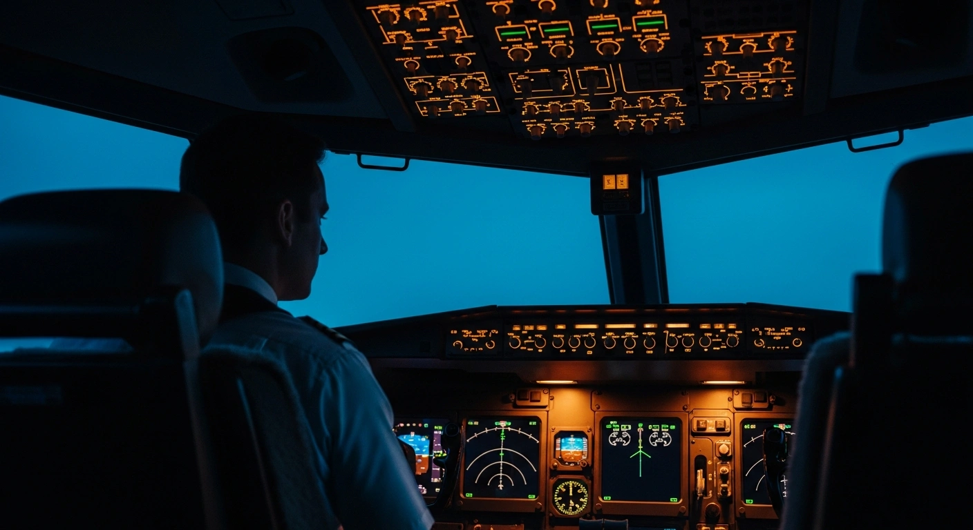 An Air India pilot sits in a modern cockpit during a professional safety screening conducted by aviation authorities.