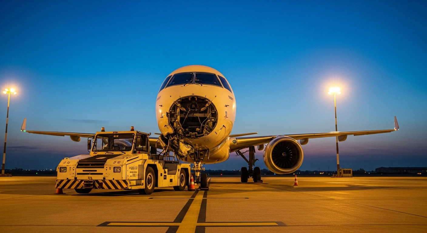 A grounded Air Peace Embraer 195-E2 aircraft on an airport tarmac at dawn, with visible damage to one of its engines, and a luggage conveyor belt vehicle positioned nearby after a collision at Murtala Muhammed International Airport, Lagos.