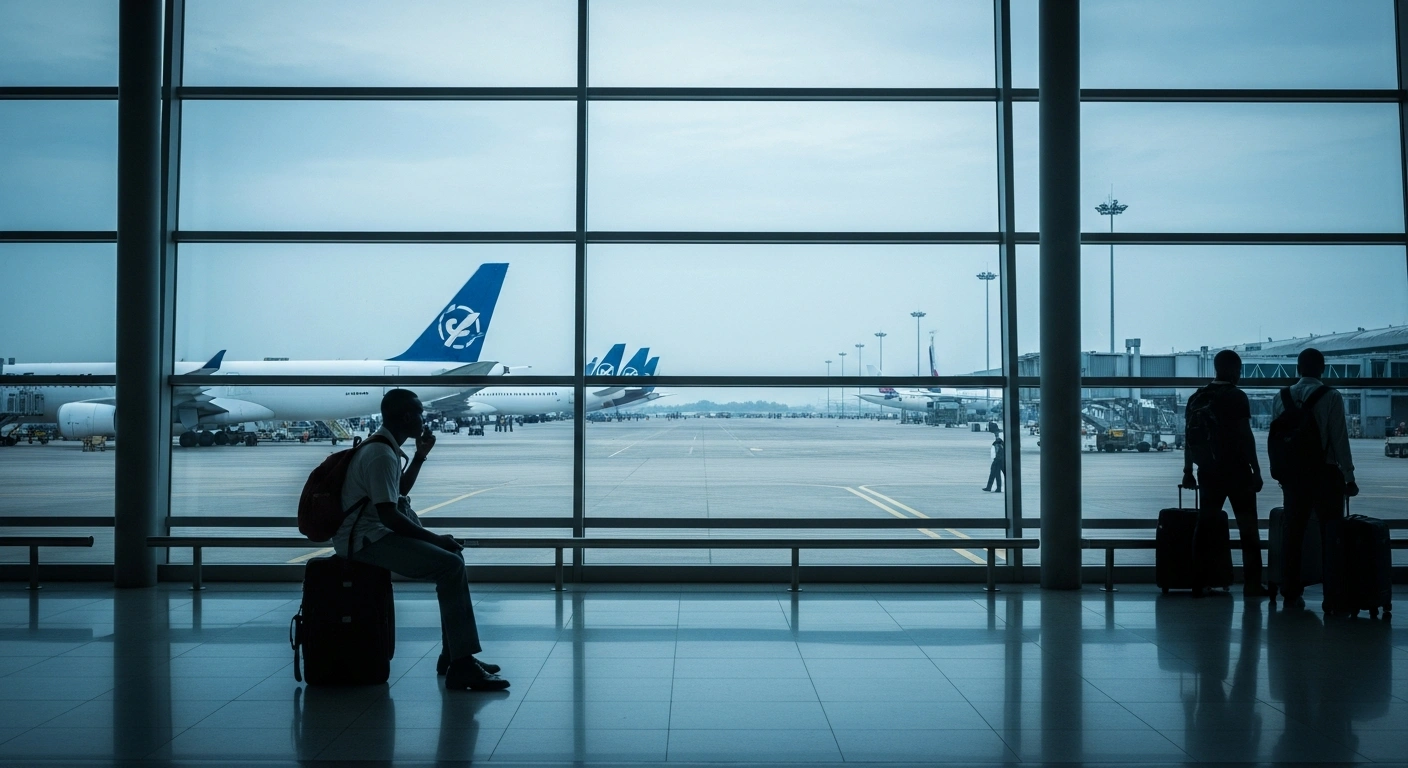 Stranded passengers wait at a Nigerian airport terminal due to Air Peace flight disruptions caused by labor union picketing.