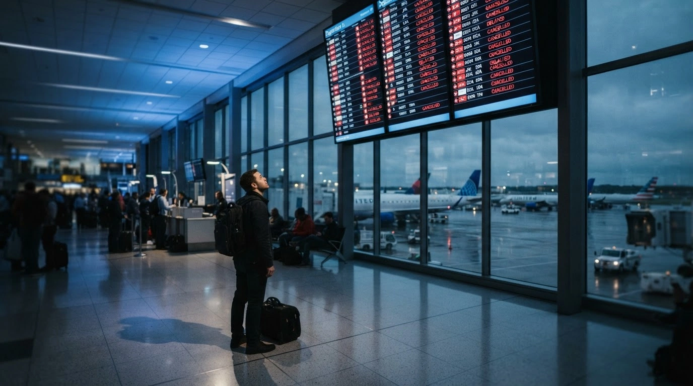 A frustrated traveler stands in a dimly lit airport terminal looking at a departure board filled with flight cancellations caused by a technical failure at a regional air traffic control facility.