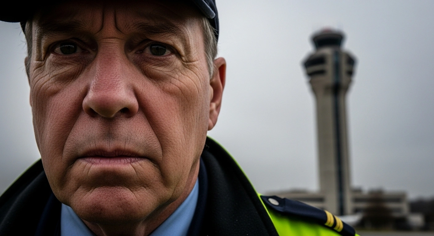 A close-up, low-angle shot of a determined air traffic controller's face, showing weariness and anger, with a blurred airport control tower in the background, representing air traffic controllers protesting missed paychecks during the 2018-2019 federal government shutdown due to financial hardship and aviation safety concerns.