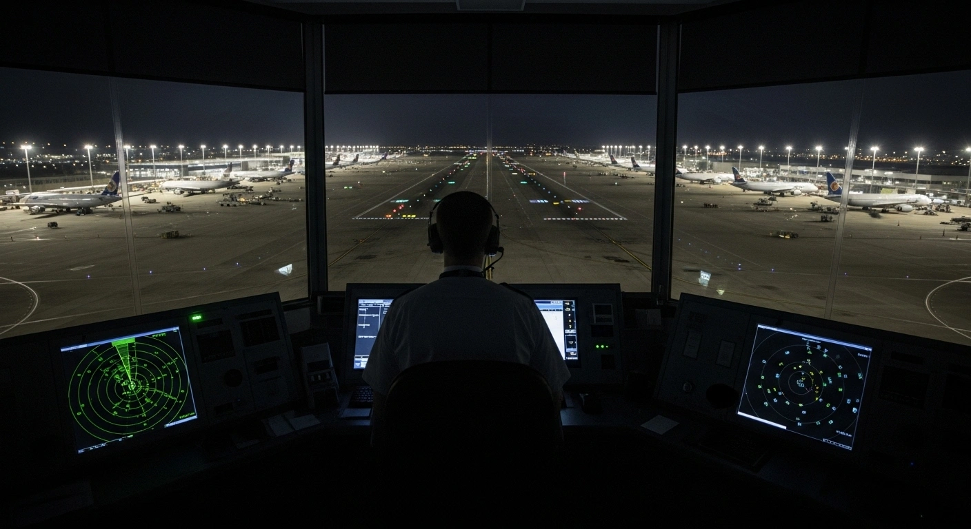 An exhausted air traffic controller is silhouetted against a dark control tower window, looking out at numerous grounded aircraft on a tarmac, symbolizing the US air traffic controller shortage incidents, significant flight delays, and a ground stop at LAX exacerbated by a federal government shutdown forcing controllers to work without pay.