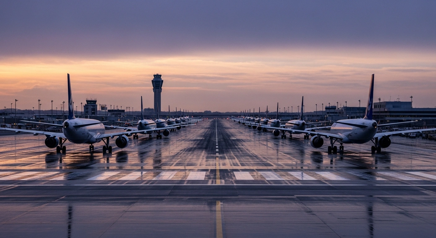 A wide, low-angle shot at dusk shows numerous commercial airliners grounded on a rain-slicked airport runway, with a dimly lit control tower in the distance, symbolizing widespread air travel disruptions caused by a federal government shutdown and air traffic controller shortages leading to flight cancellations and delays.